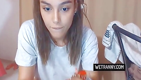 Sexy shemale with natural tits is slapped and fucked