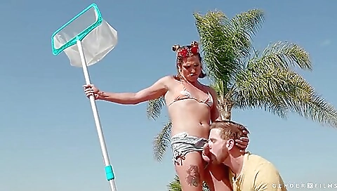 Trans girl gets her ass and pussy fucked in the pool