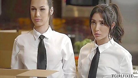 Petite tranny is getting fucked by a cock behind the counter