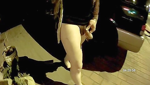 Amateur with big cock in her underwear solo in public